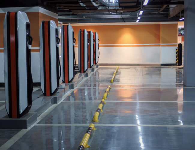 Electric car charger in parking lot,Underground Parking Lot